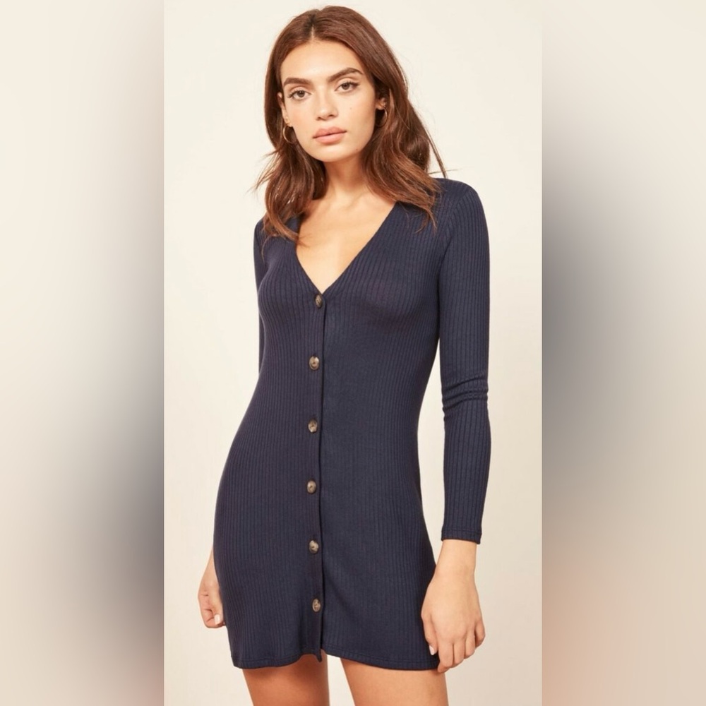 Reformation Agatha ribbed Navy Button-Down Dress, XS